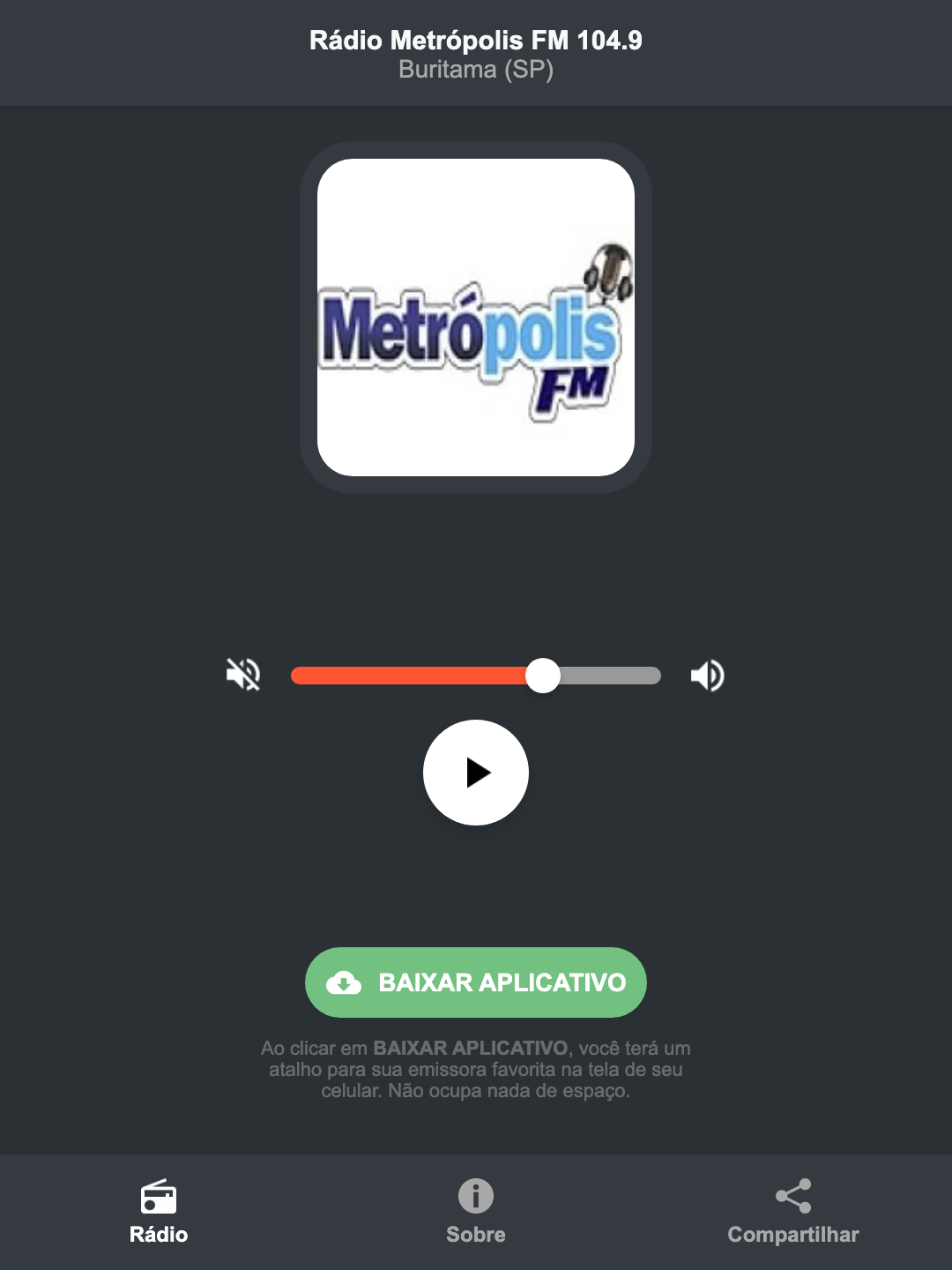 Screenshot do aplicativo da Rádio Metrópolis FM 104.9