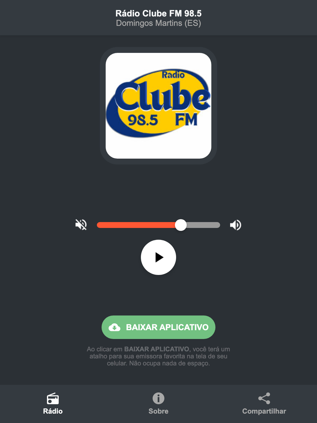 Screenshot do aplicativo da Rádio Clube FM 98.5