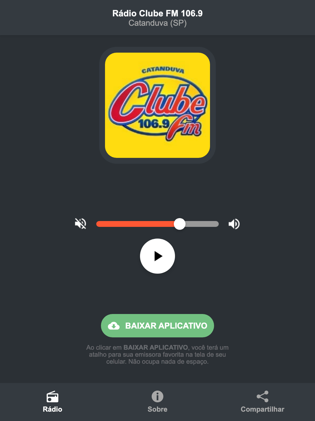 Screenshot do aplicativo da Rádio Clube FM 106.9