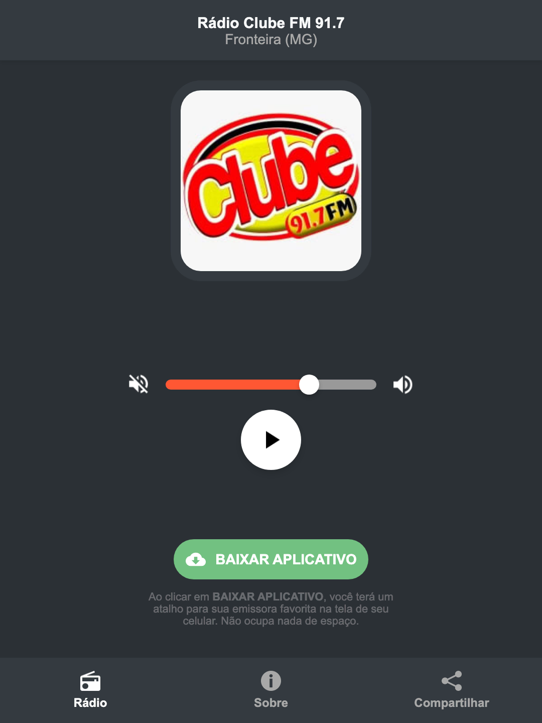 Screenshot do aplicativo da Rádio Clube FM 91.7