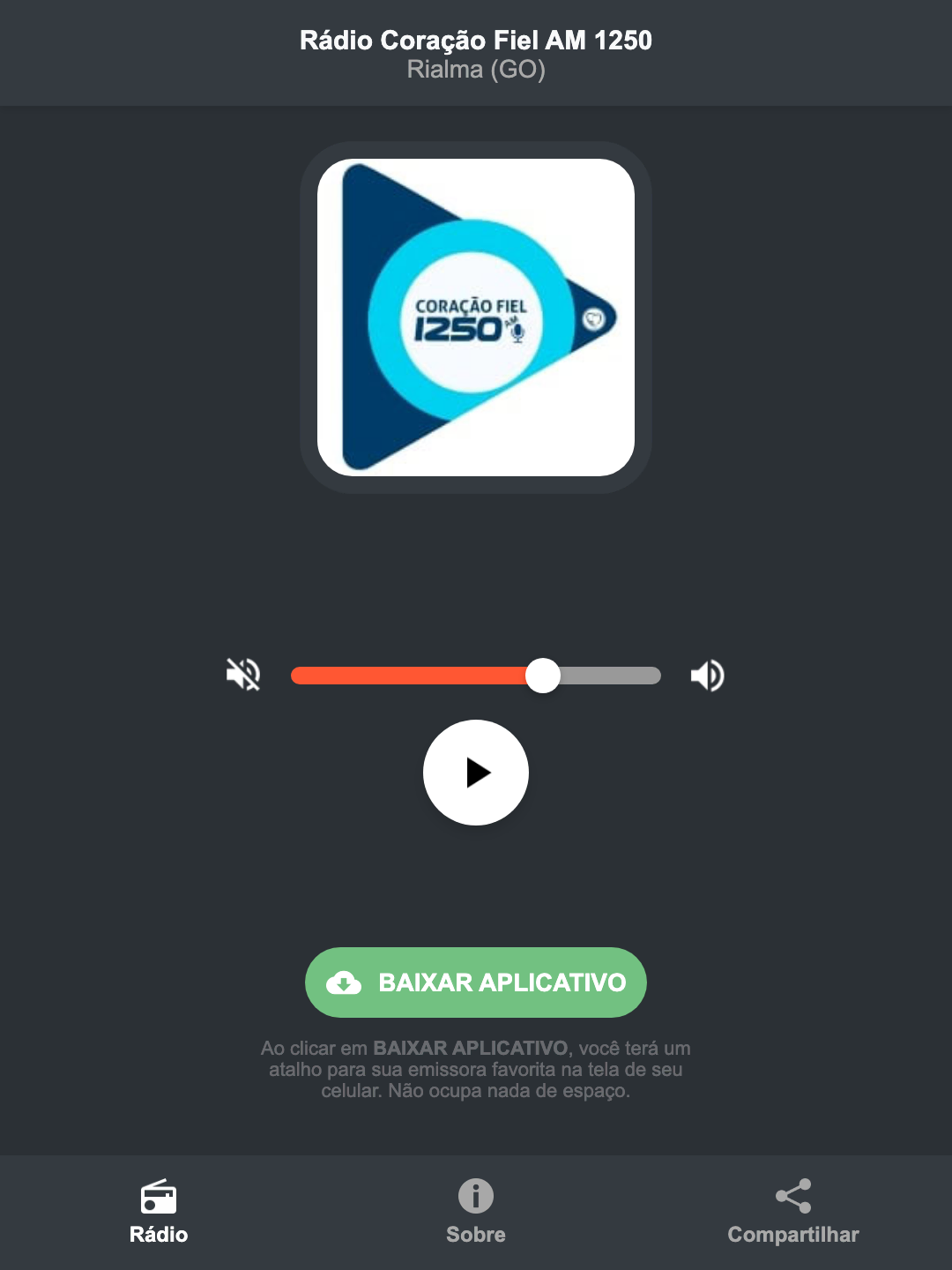Screenshot do aplicativo da Rádio Coração Fiel AM 1250