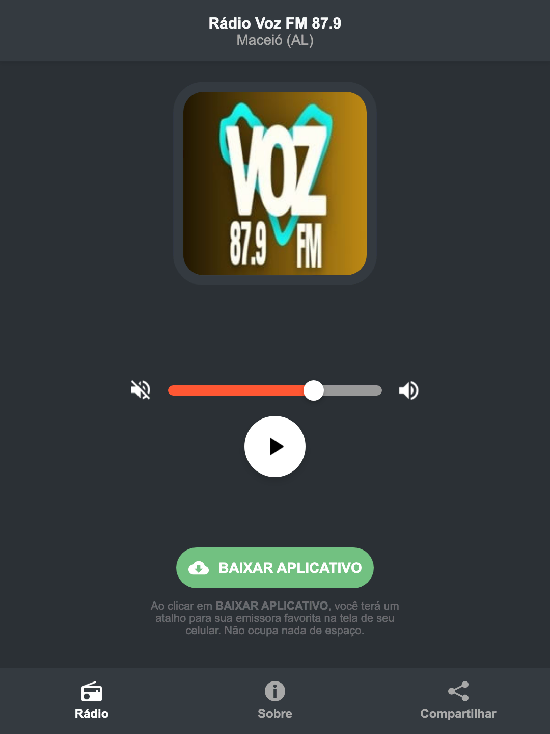 Screenshot do aplicativo da Rádio Voz FM 87.9