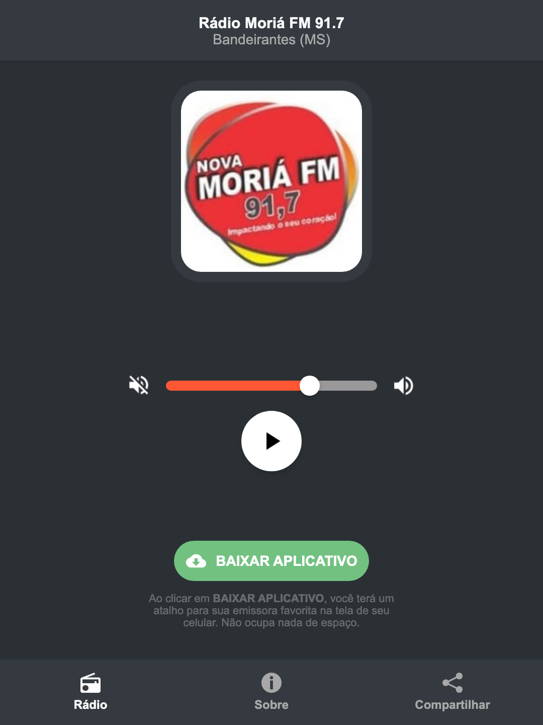 Screenshot do aplicativo da Rádio Moriá FM 91.7