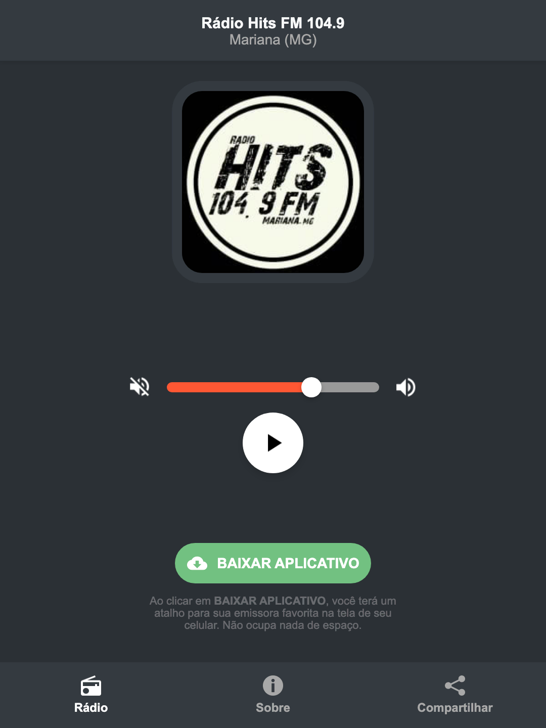 Screenshot do aplicativo da Rádio Hits FM 104.9