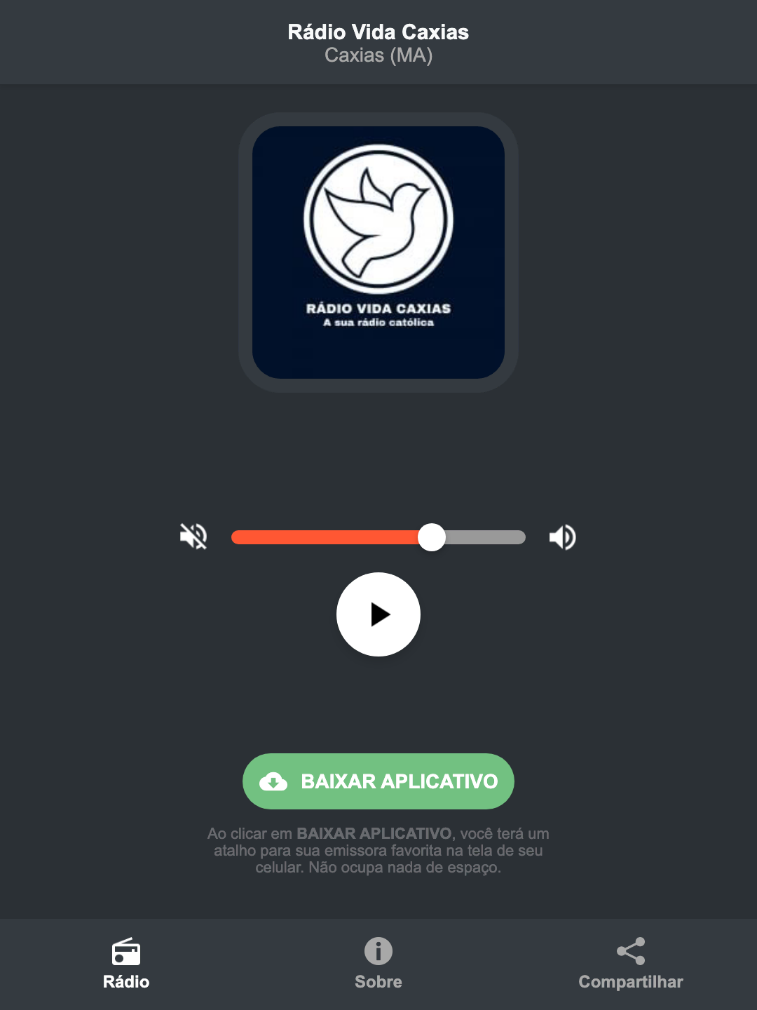 Screenshot do aplicativo da Rádio Vida Caxias