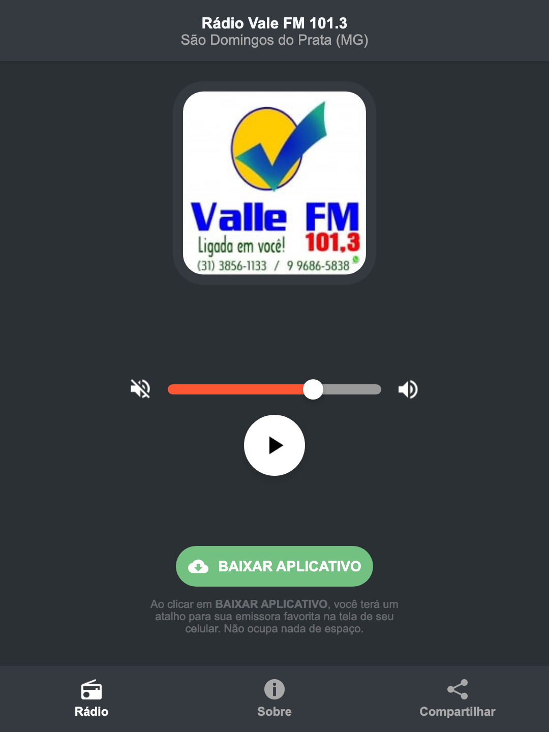 Screenshot do aplicativo da Rádio Vale FM 101.3