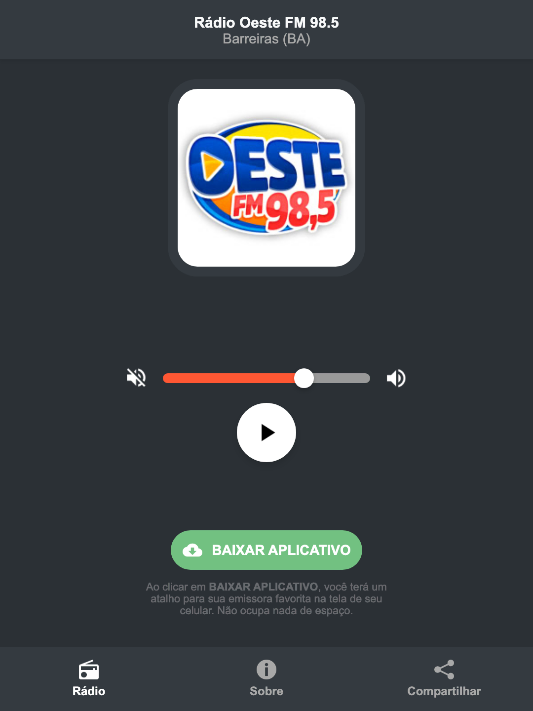 Screenshot do aplicativo da Rádio Oeste FM 98.5