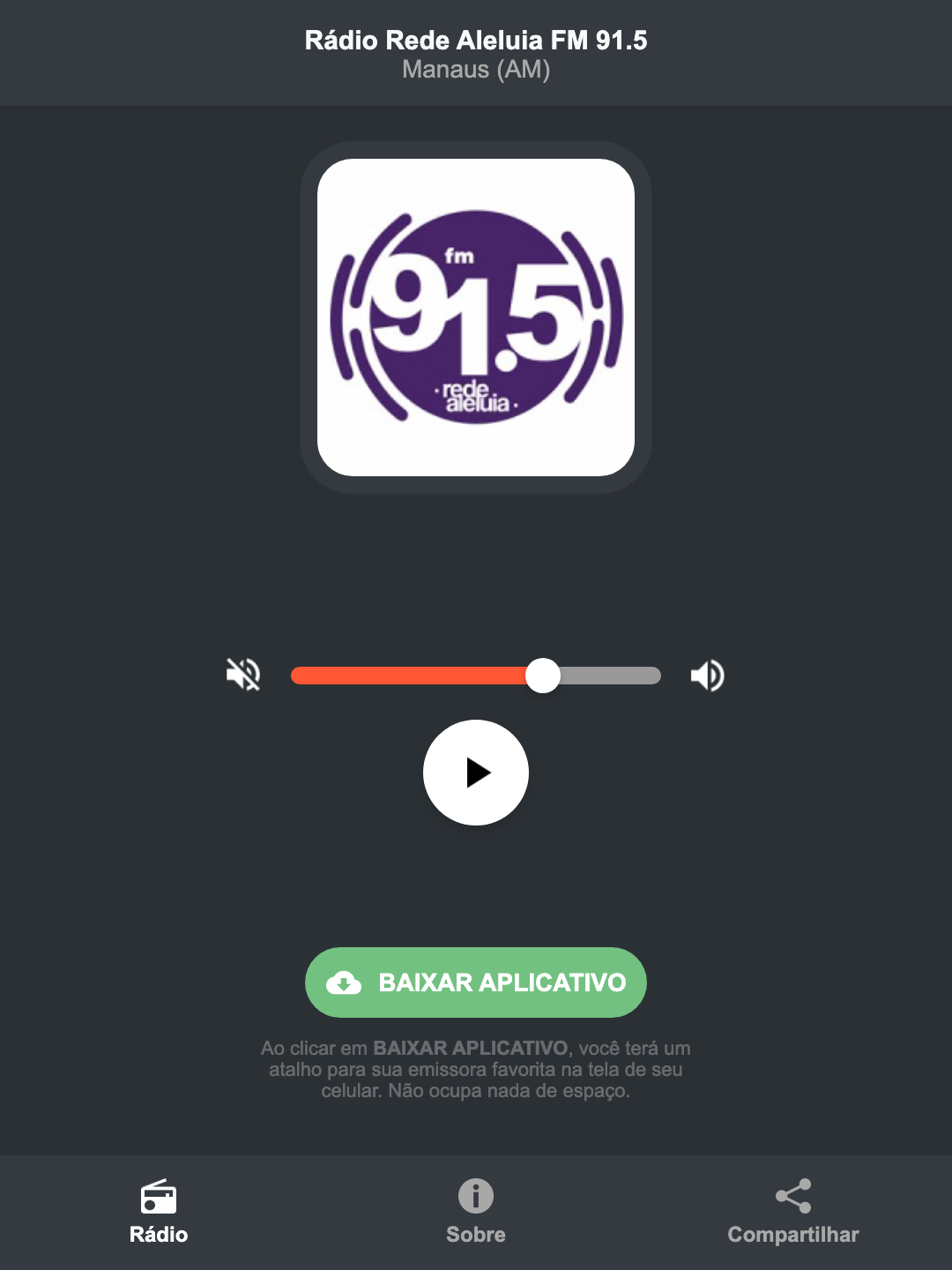 Screenshot do aplicativo da Rádio Rede Aleluia FM 91.5