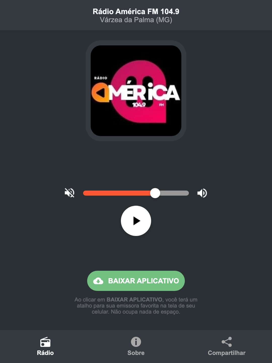 Screenshot do aplicativo da Rádio América FM 104.9