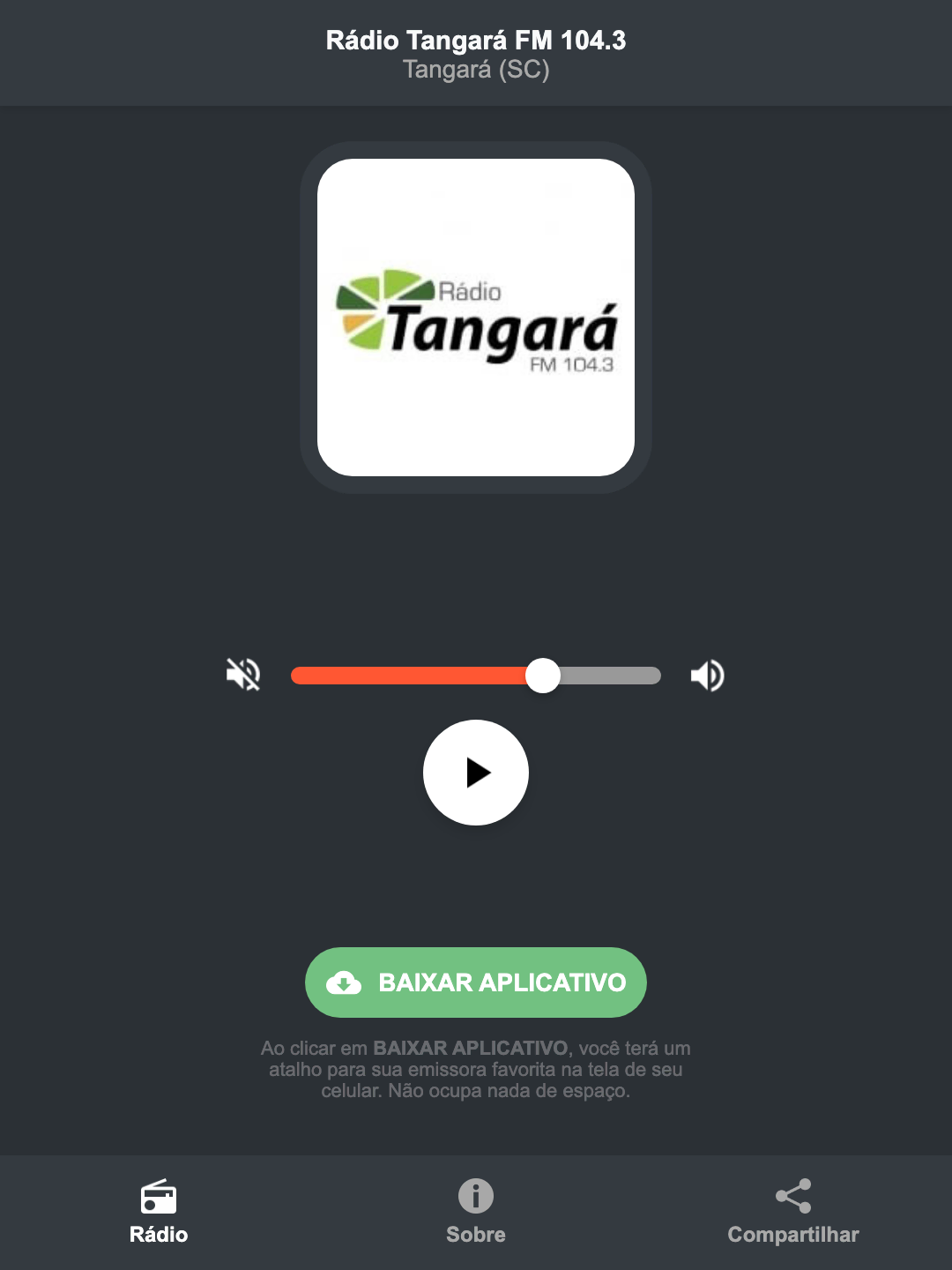 Screenshot do aplicativo da Rádio Tangará FM 104.3