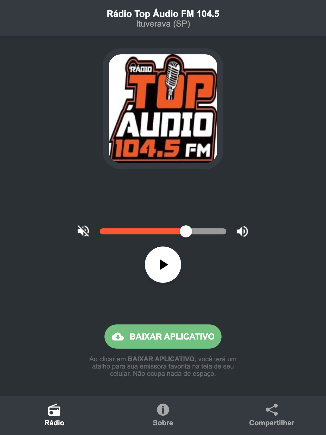 Screenshot do aplicativo da Rádio Top Áudio FM 104.5