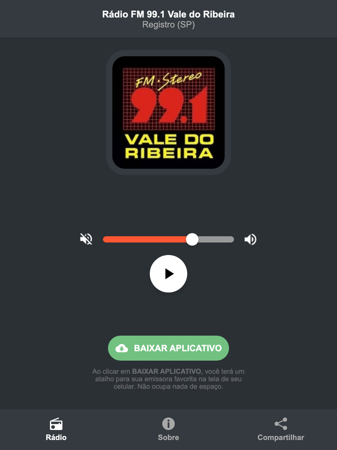Screenshot do aplicativo da Rádio FM 99.1 Vale do Ribeira