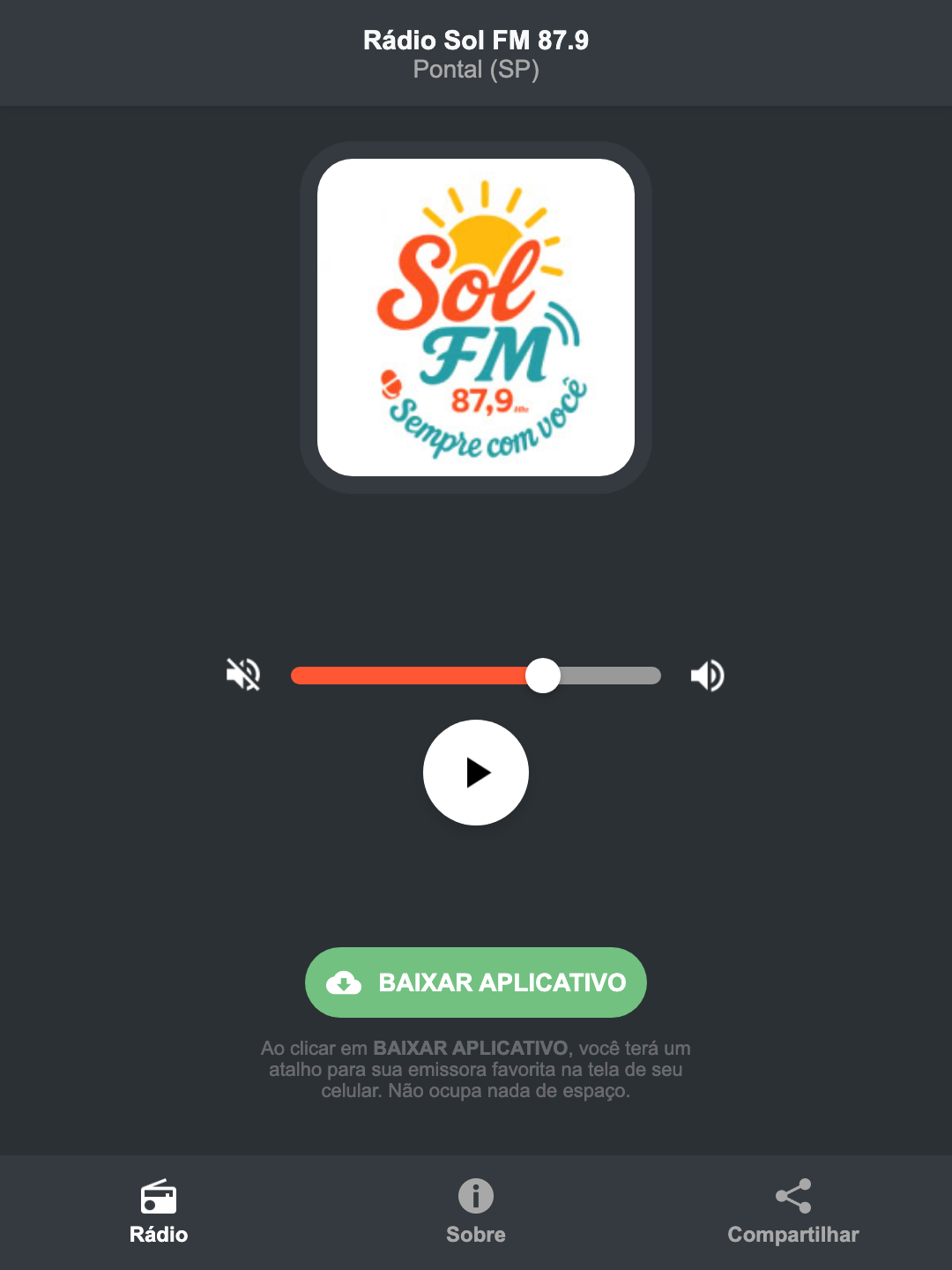 Screenshot do aplicativo da Rádio Sol FM 87.9