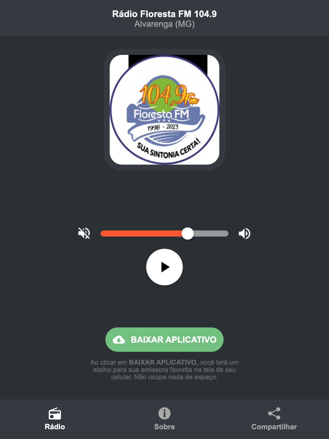 Screenshot do aplicativo da Rádio Floresta FM 104.9