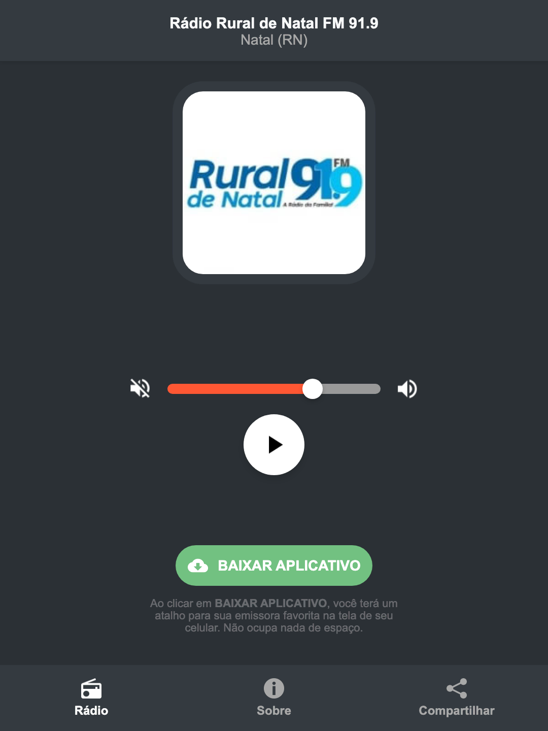Screenshot do aplicativo da Rádio Rural de Natal FM 91.9