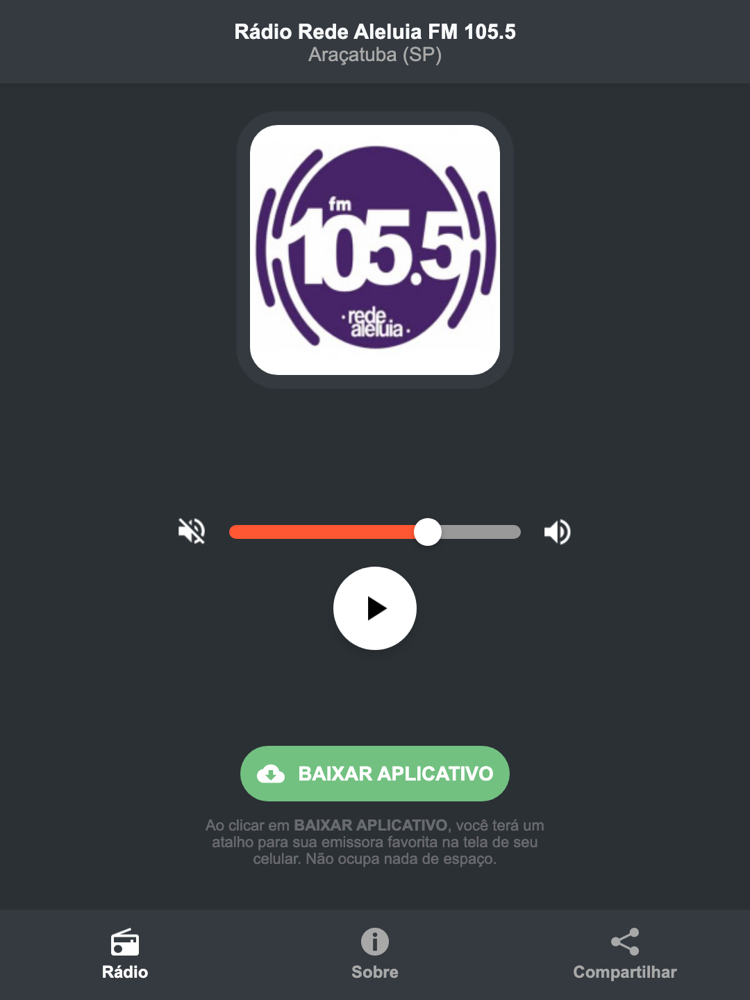 Screenshot do aplicativo da Rádio Rede Aleluia FM 105.5