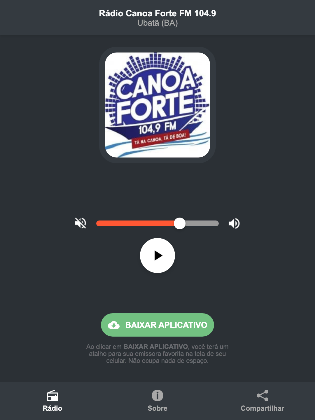Screenshot do aplicativo da Rádio Canoa Forte FM 104.9