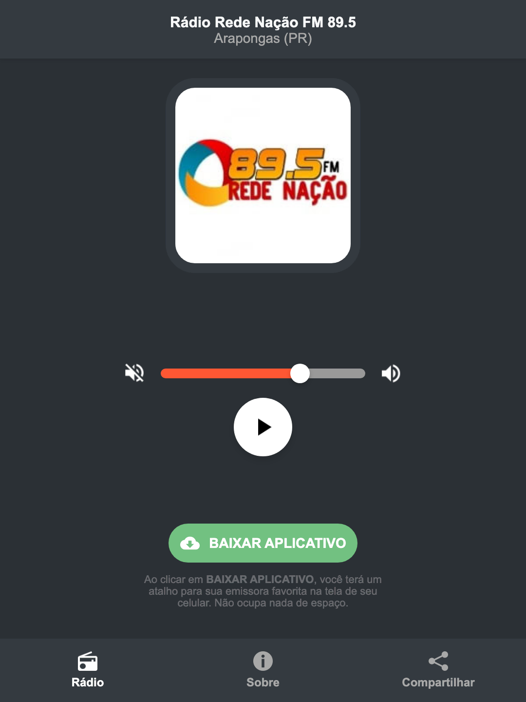 Screenshot do aplicativo da Rádio Rede Nação FM 89.5