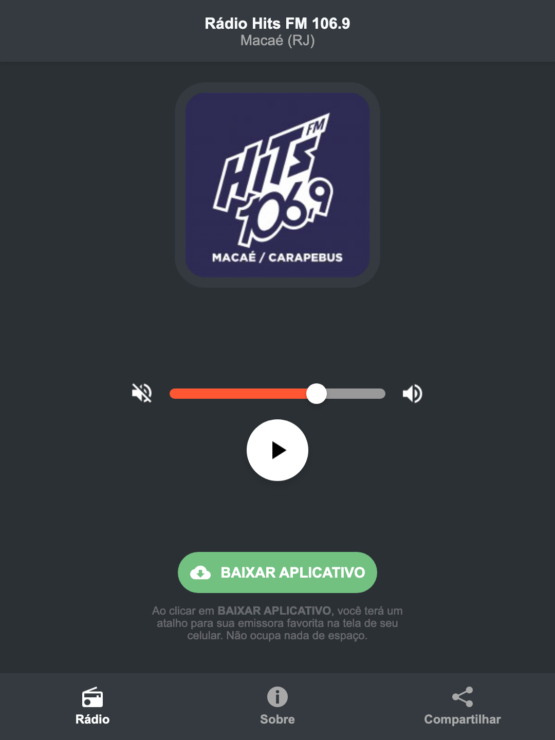 Screenshot do aplicativo da Rádio Hits FM 106.9