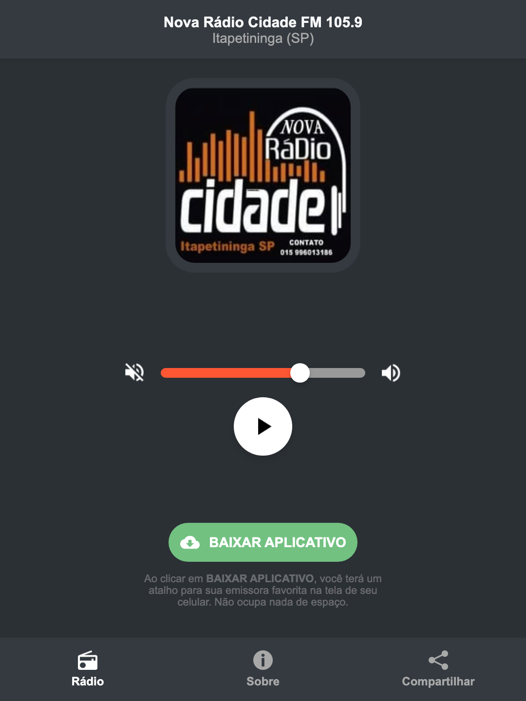 Screenshot do aplicativo da Nova Rádio Cidade FM 105.9