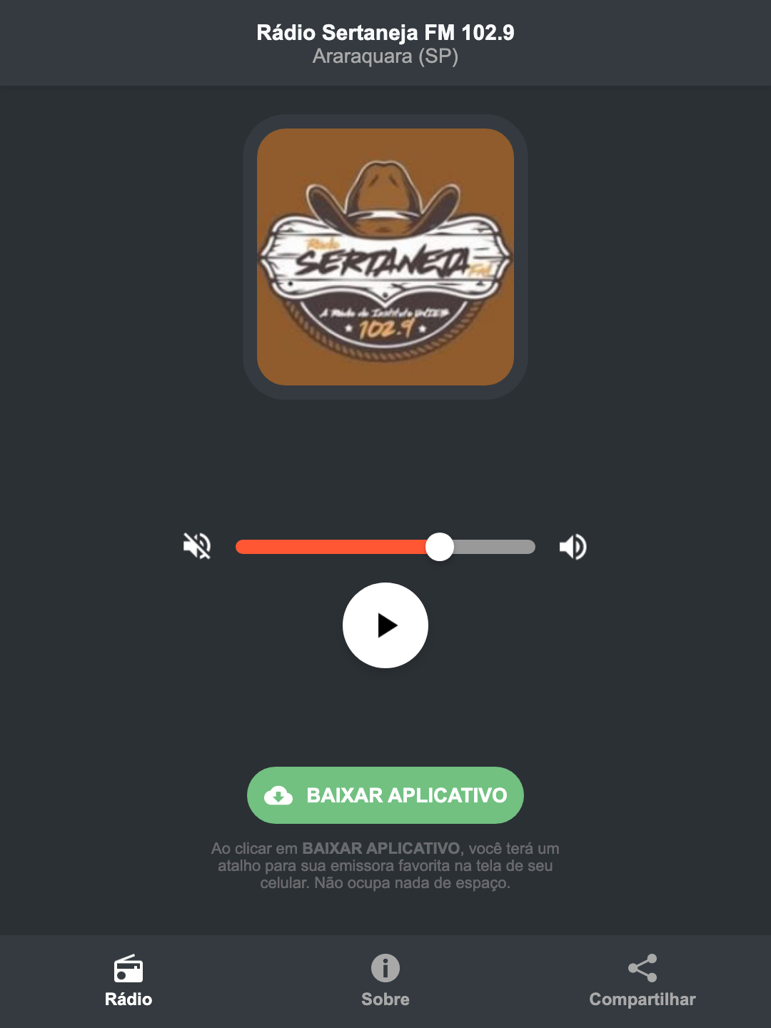 Screenshot do aplicativo da Rádio Sertaneja FM 102.9