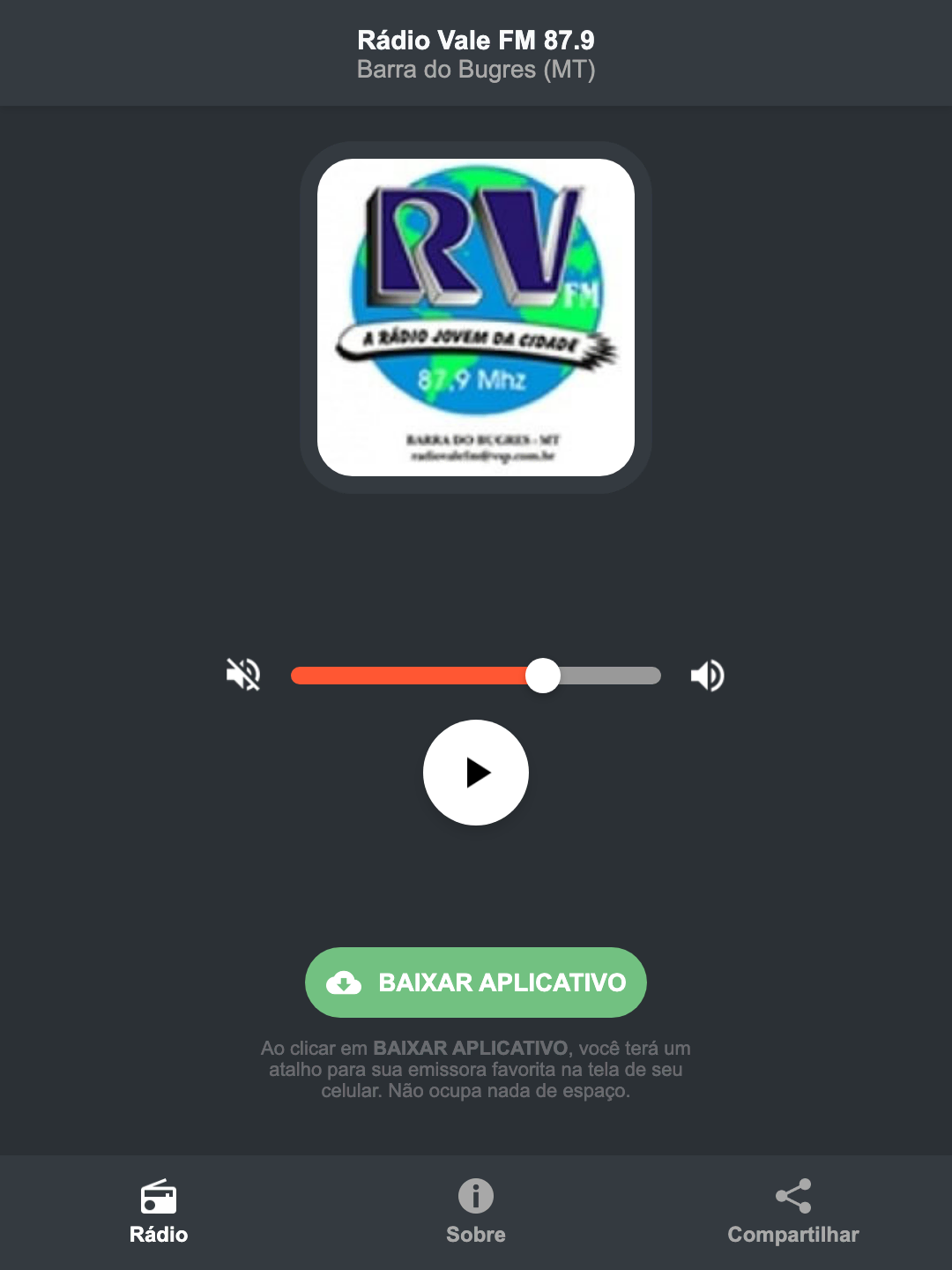 Screenshot do aplicativo da Rádio Vale FM 87.9