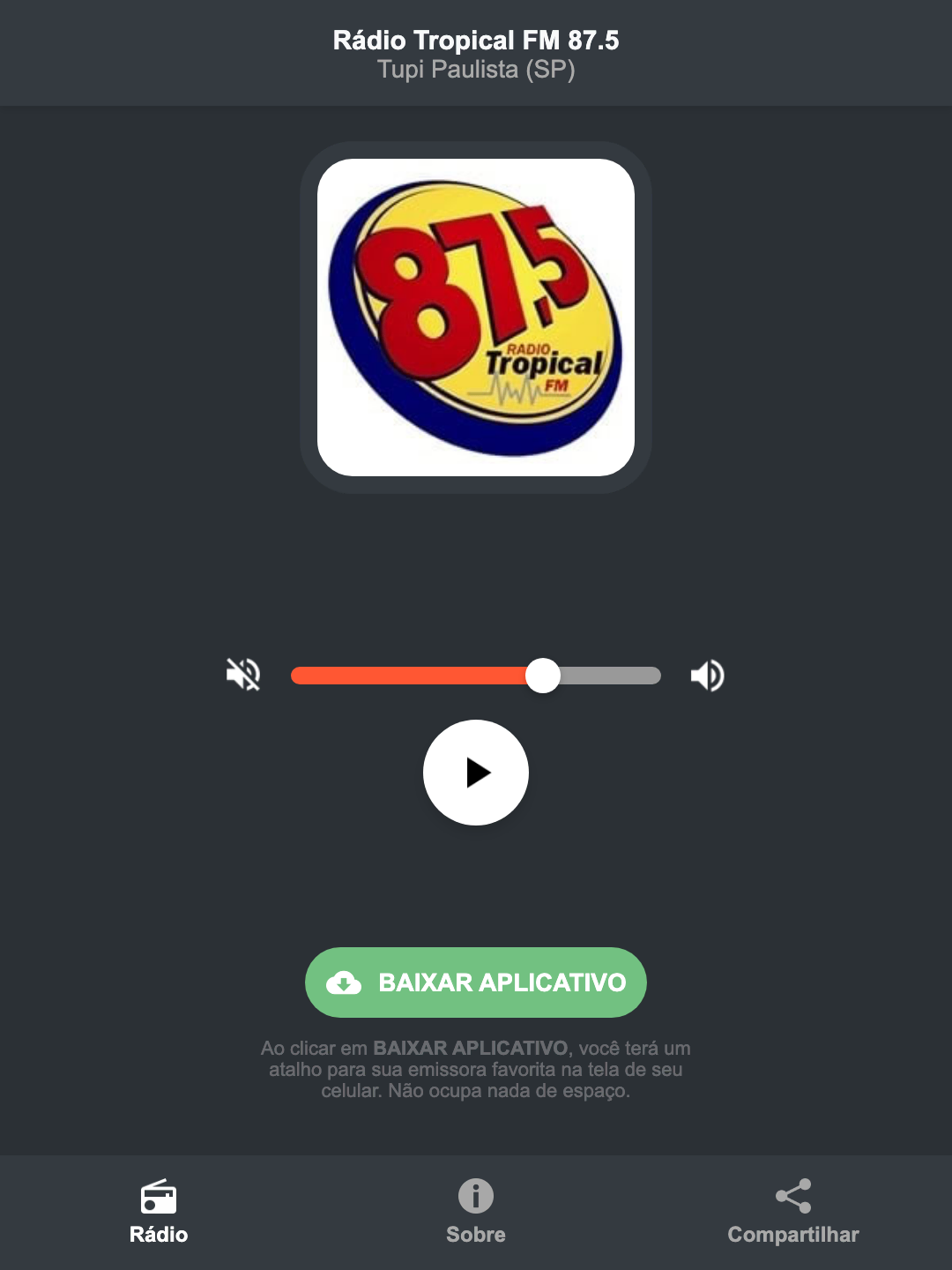 Screenshot do aplicativo da Rádio Tropical FM 87.5