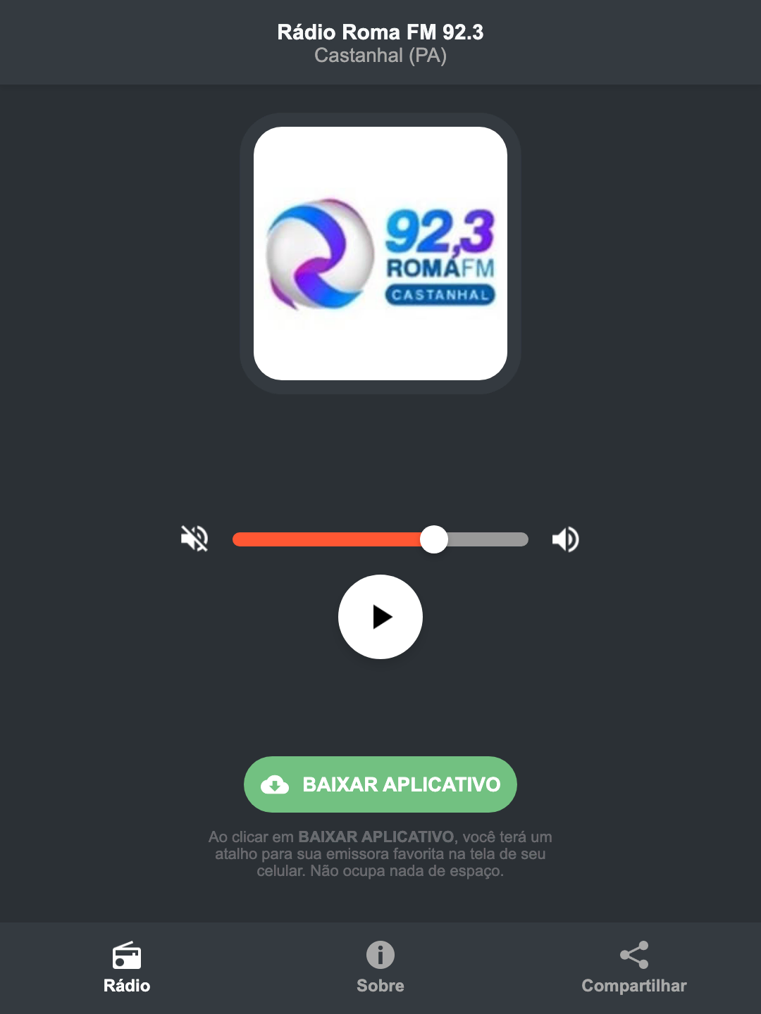 Screenshot do aplicativo da Rádio Roma FM 92.3
