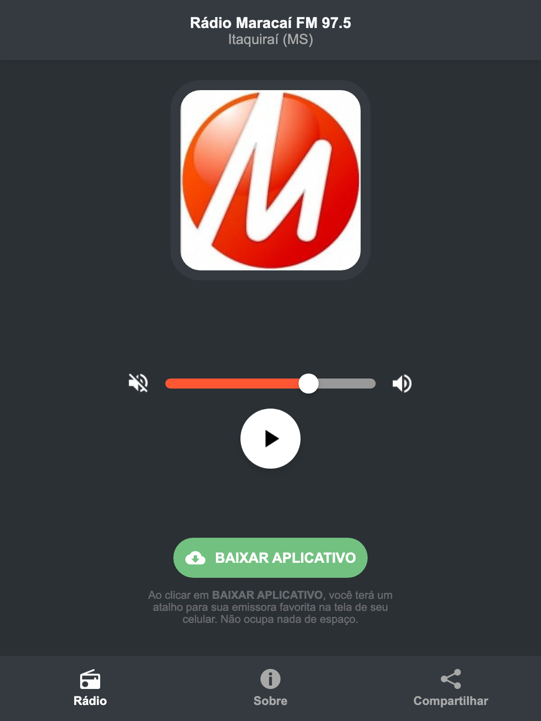Screenshot do aplicativo da Rádio Maracaí FM 97.5