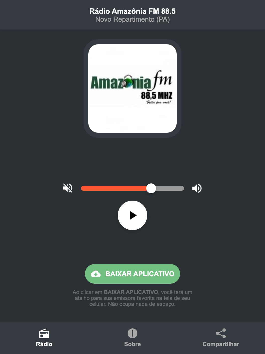 Screenshot do aplicativo da Rádio Amazônia FM 88.5