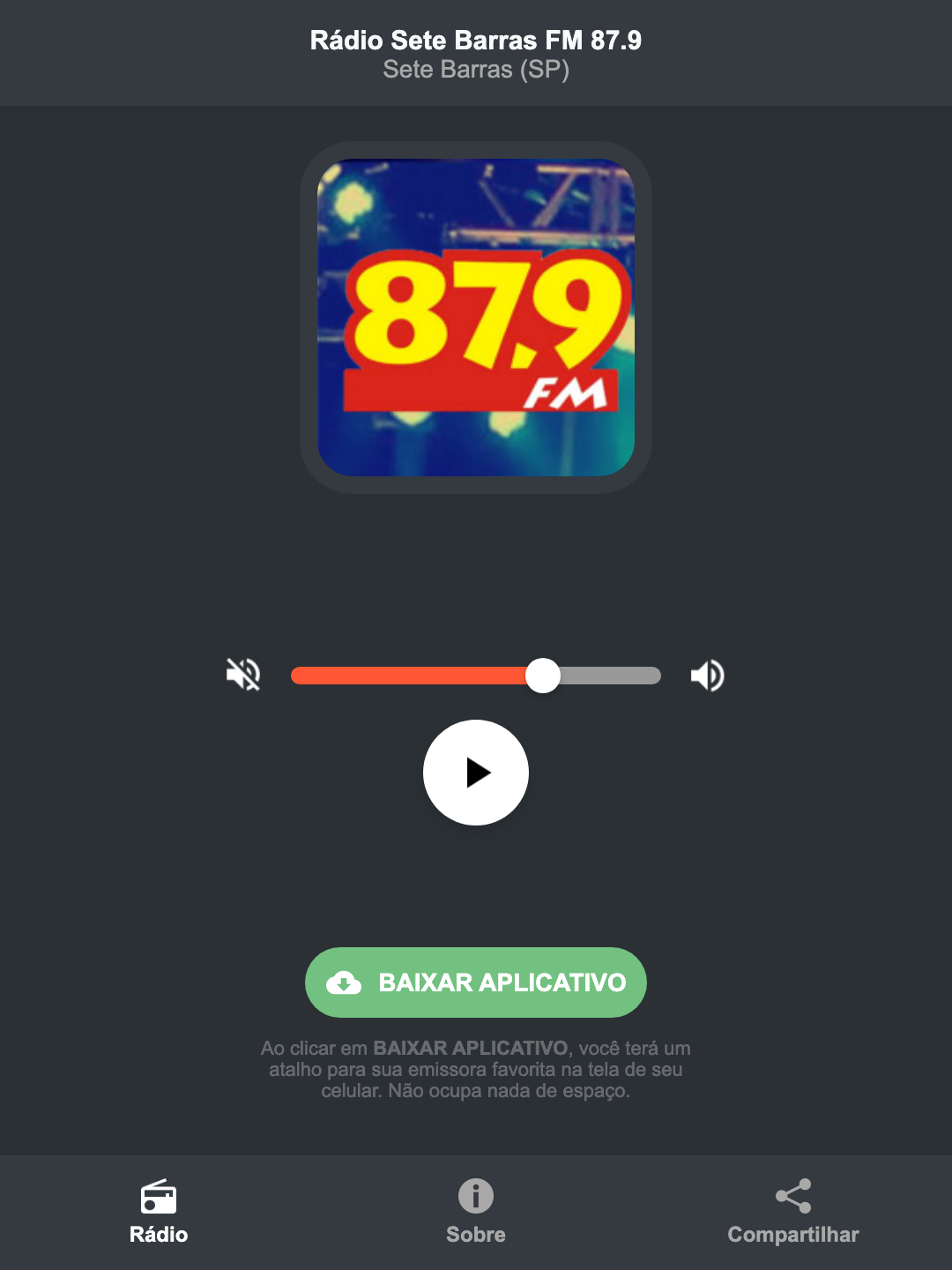 Screenshot do aplicativo da Rádio Sete Barras FM 87.9