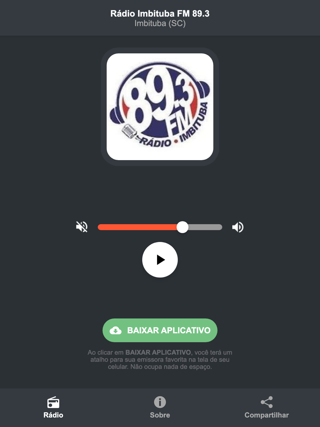 Screenshot do aplicativo da Rádio Imbituba FM 89.3