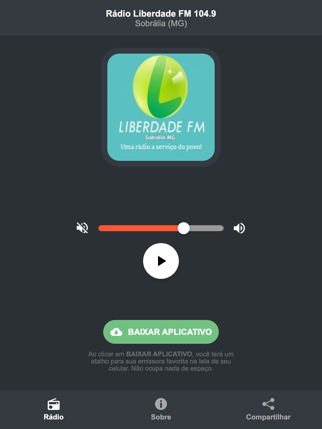 Screenshot do aplicativo da Rádio Liberdade FM 104.9
