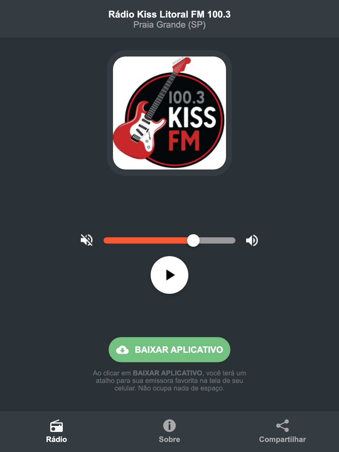 Screenshot do aplicativo da Rádio Kiss Litoral FM 100.3