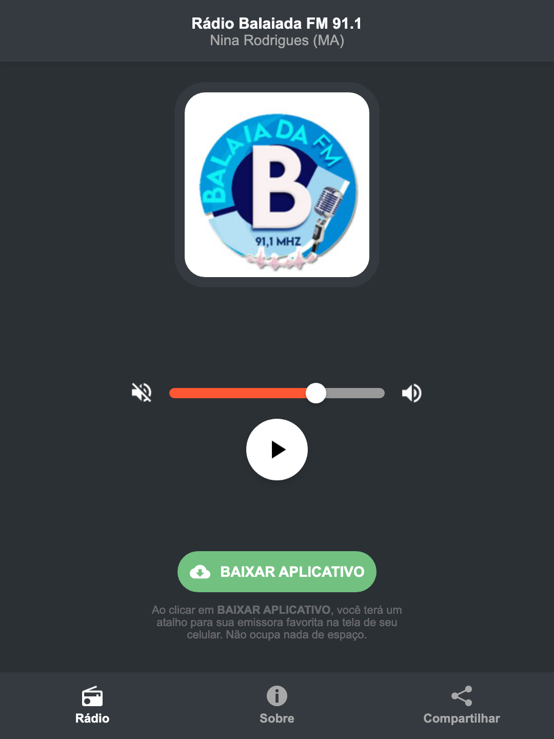 Screenshot do aplicativo da Rádio Balaiada FM 91.1