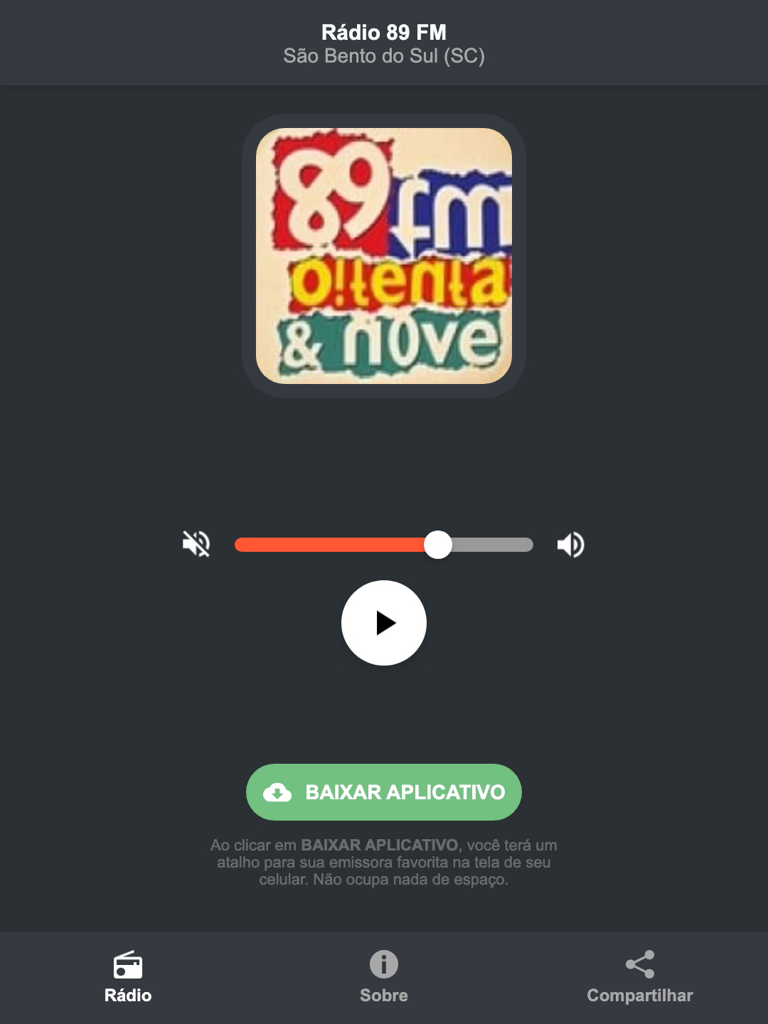 Screenshot do aplicativo da Rádio 89 FM