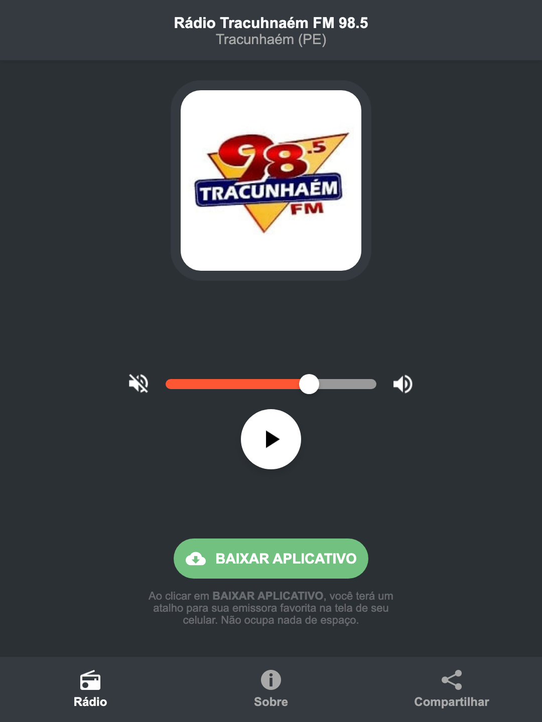 Screenshot do aplicativo da Rádio Tracuhnaém FM 98.5