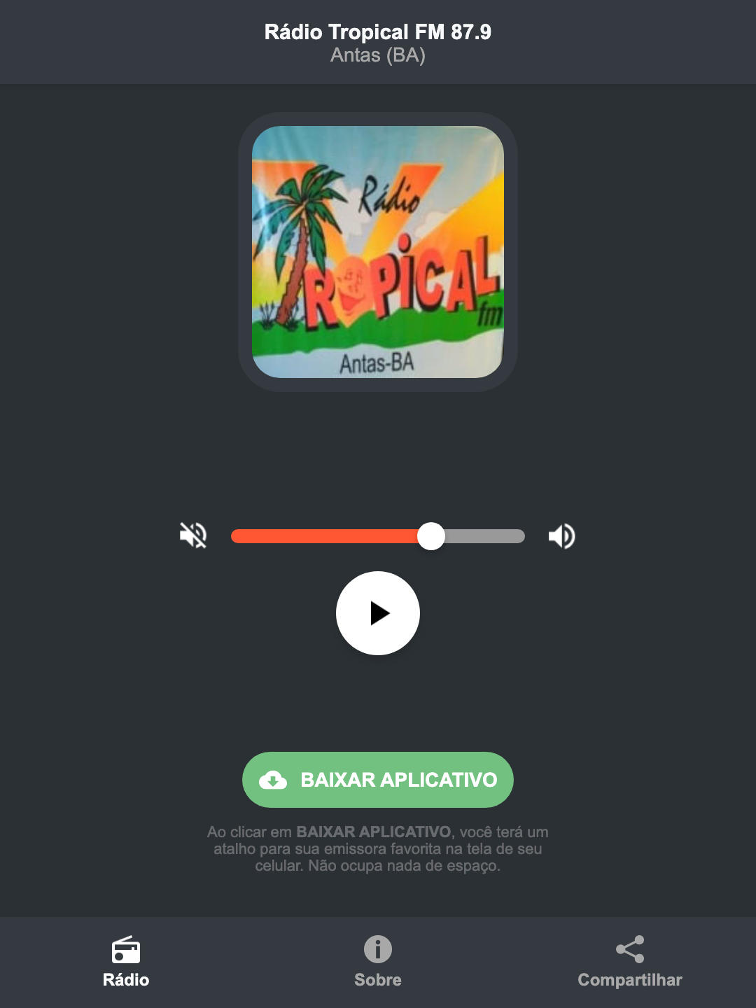 Screenshot do aplicativo da Rádio Tropical FM 87.9
