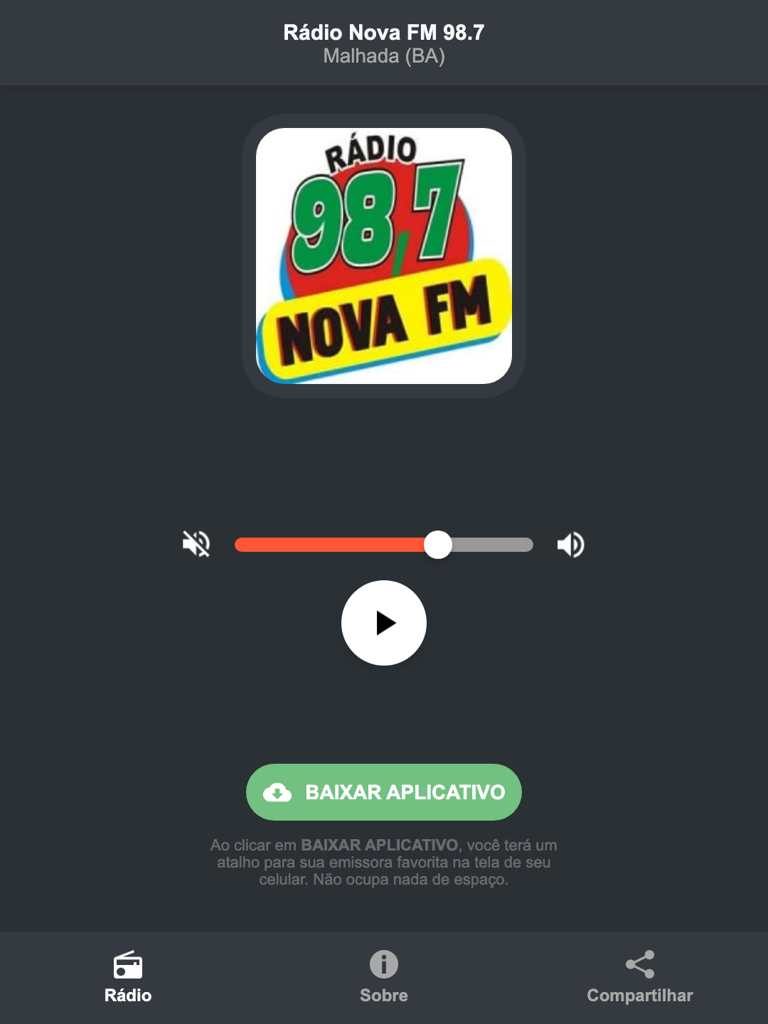 Screenshot do aplicativo da Rádio Nova FM 98.7