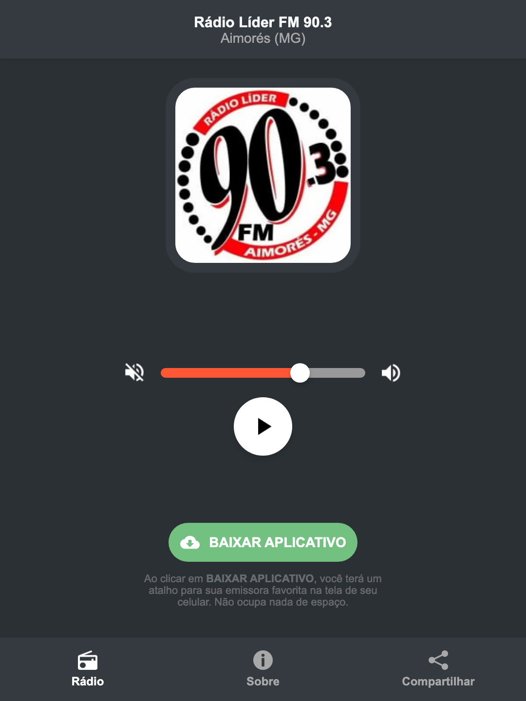 Screenshot do aplicativo da Rádio Líder FM 90.3