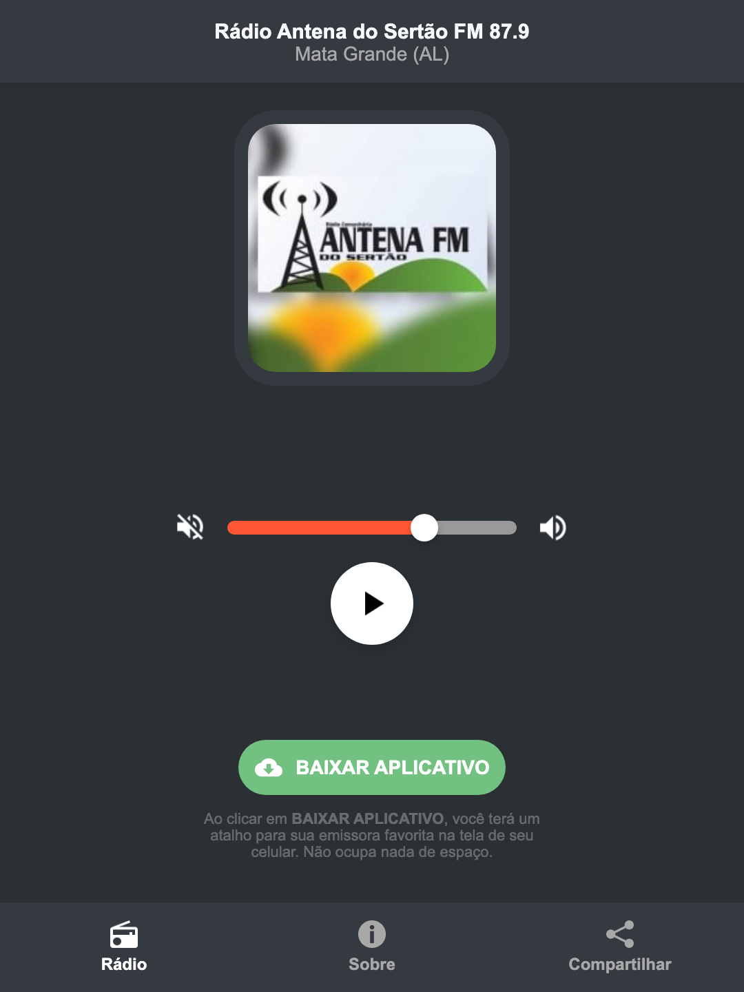 Screenshot do aplicativo da Rádio Antena do Sertão FM 87.9