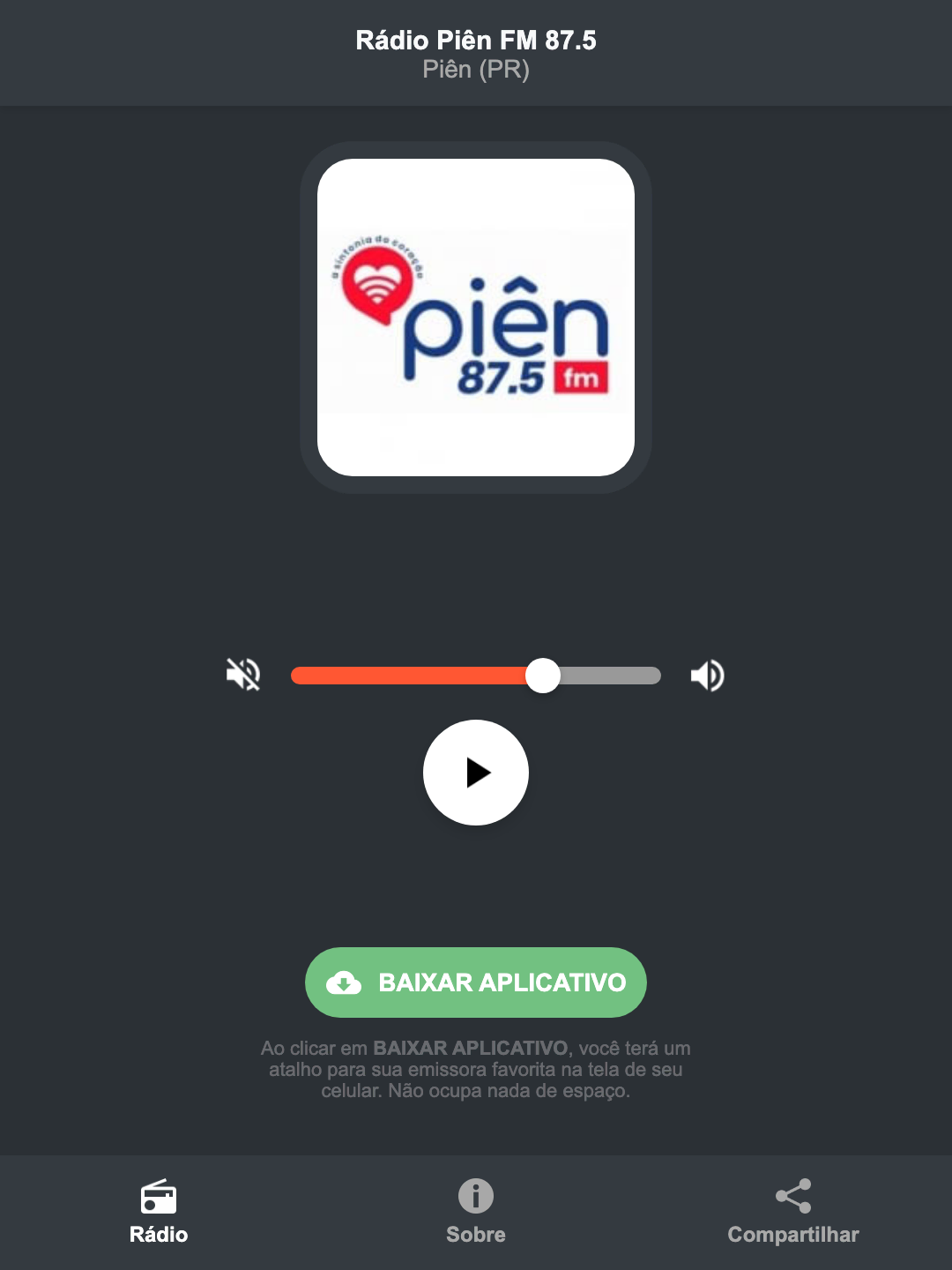 Screenshot do aplicativo da Rádio Piên FM 87.5
