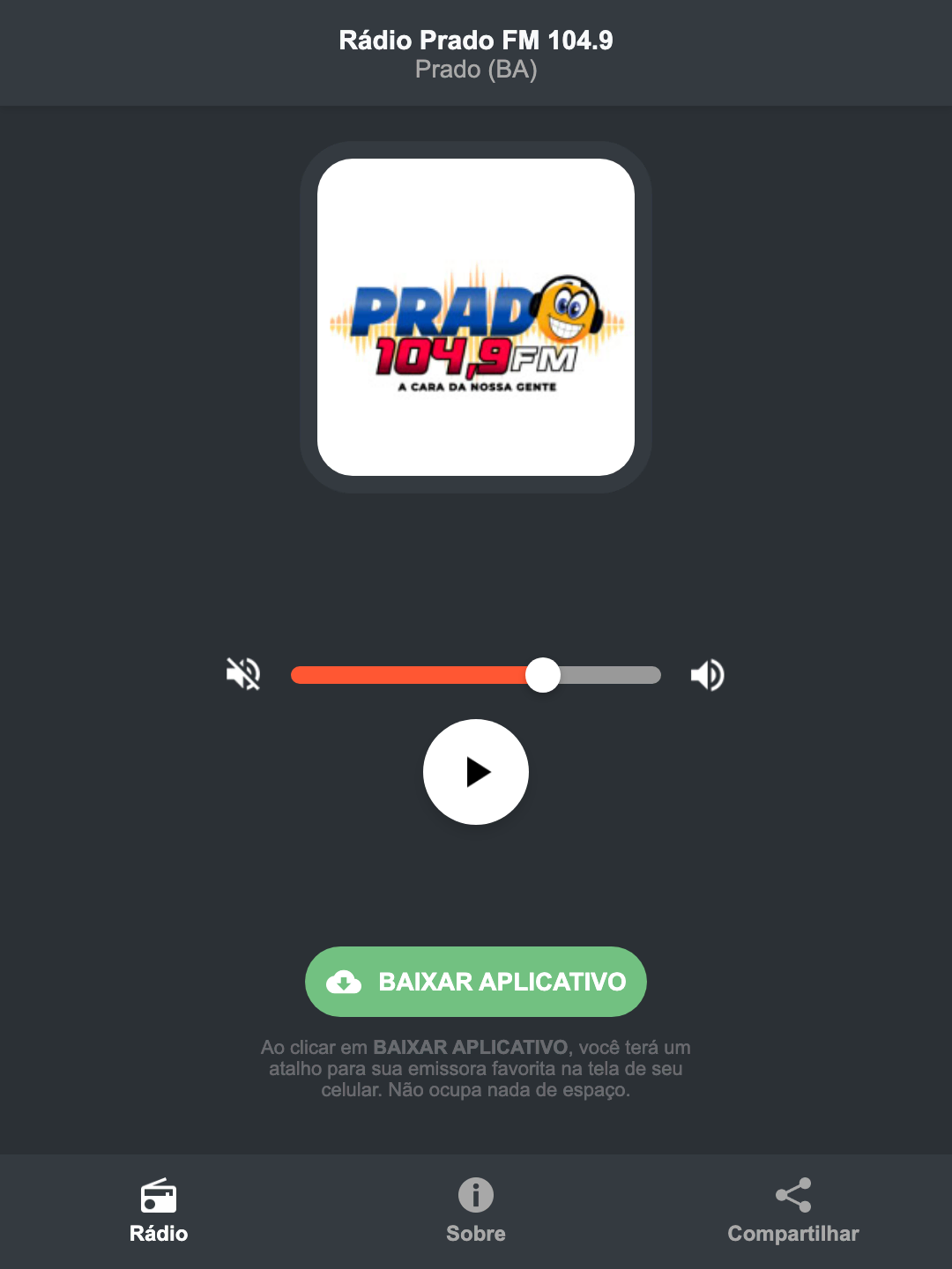 Screenshot do aplicativo da Rádio Prado FM 104.9