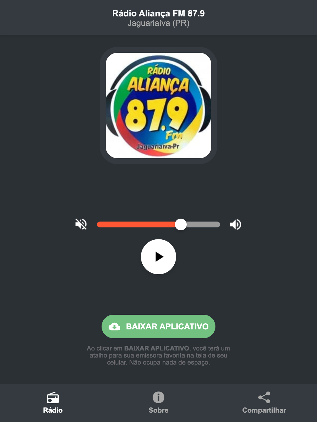 Screenshot do aplicativo da Rádio Aliança FM 87.9