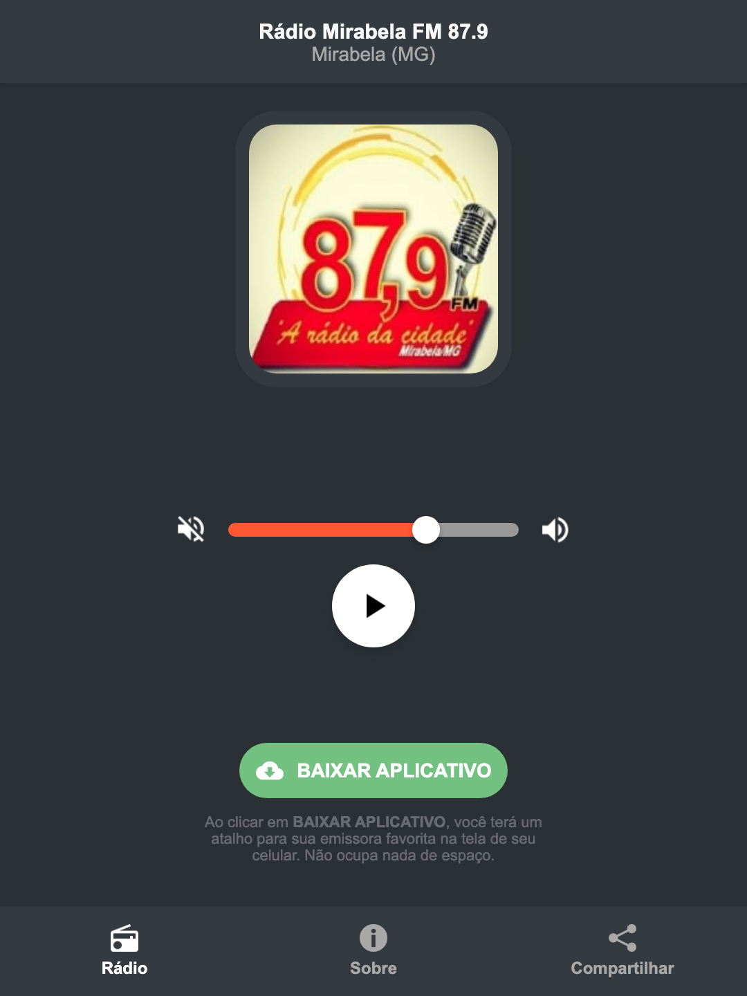 Screenshot do aplicativo da Rádio Mirabela FM 87.9