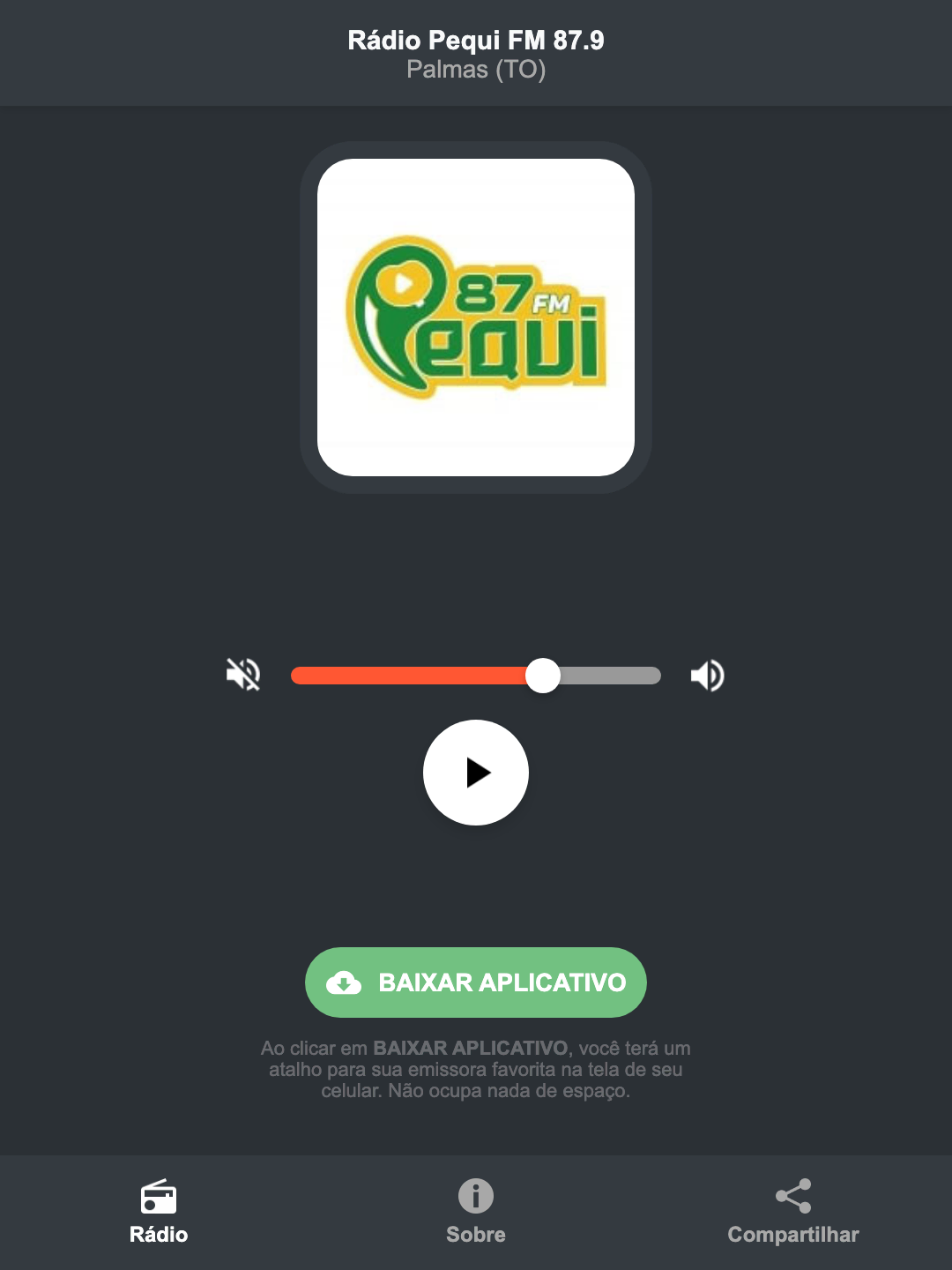 Screenshot do aplicativo da Rádio Pequi FM 87.9