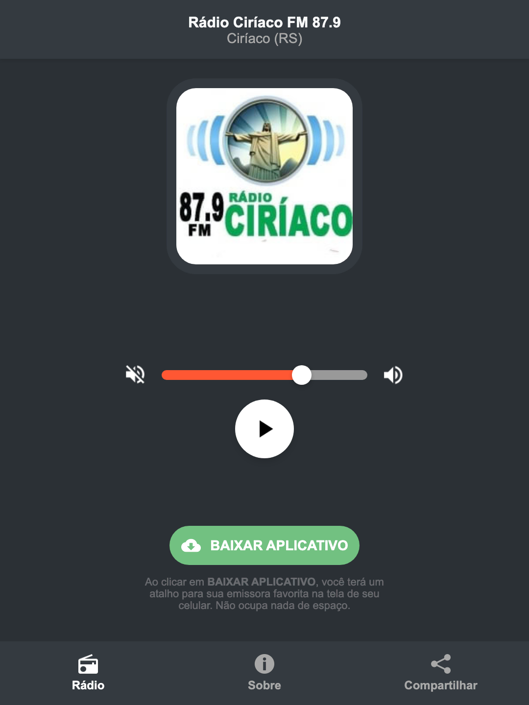 Screenshot do aplicativo da Rádio Ciríaco FM 87.9