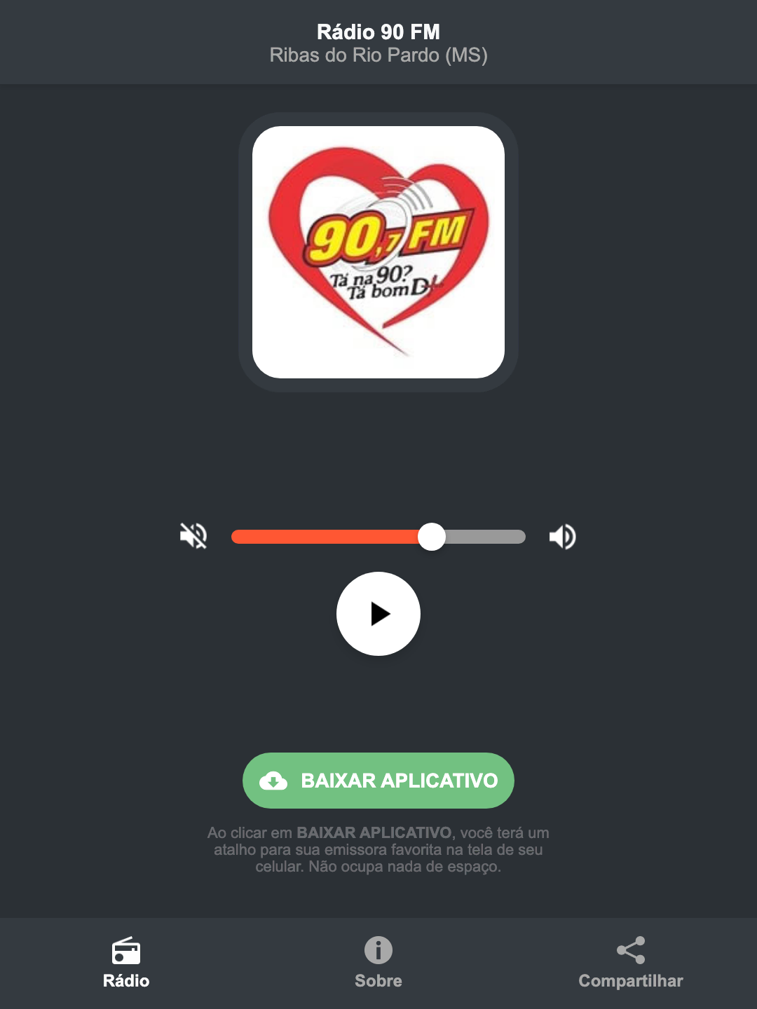 Screenshot do aplicativo da Rádio 90 FM