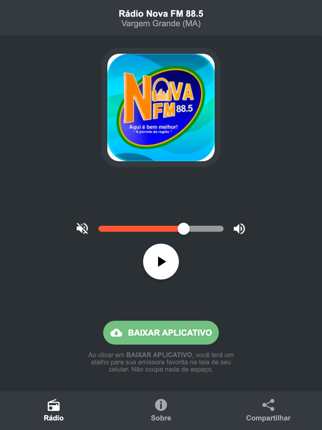 Screenshot do aplicativo da Rádio Nova FM 88.5