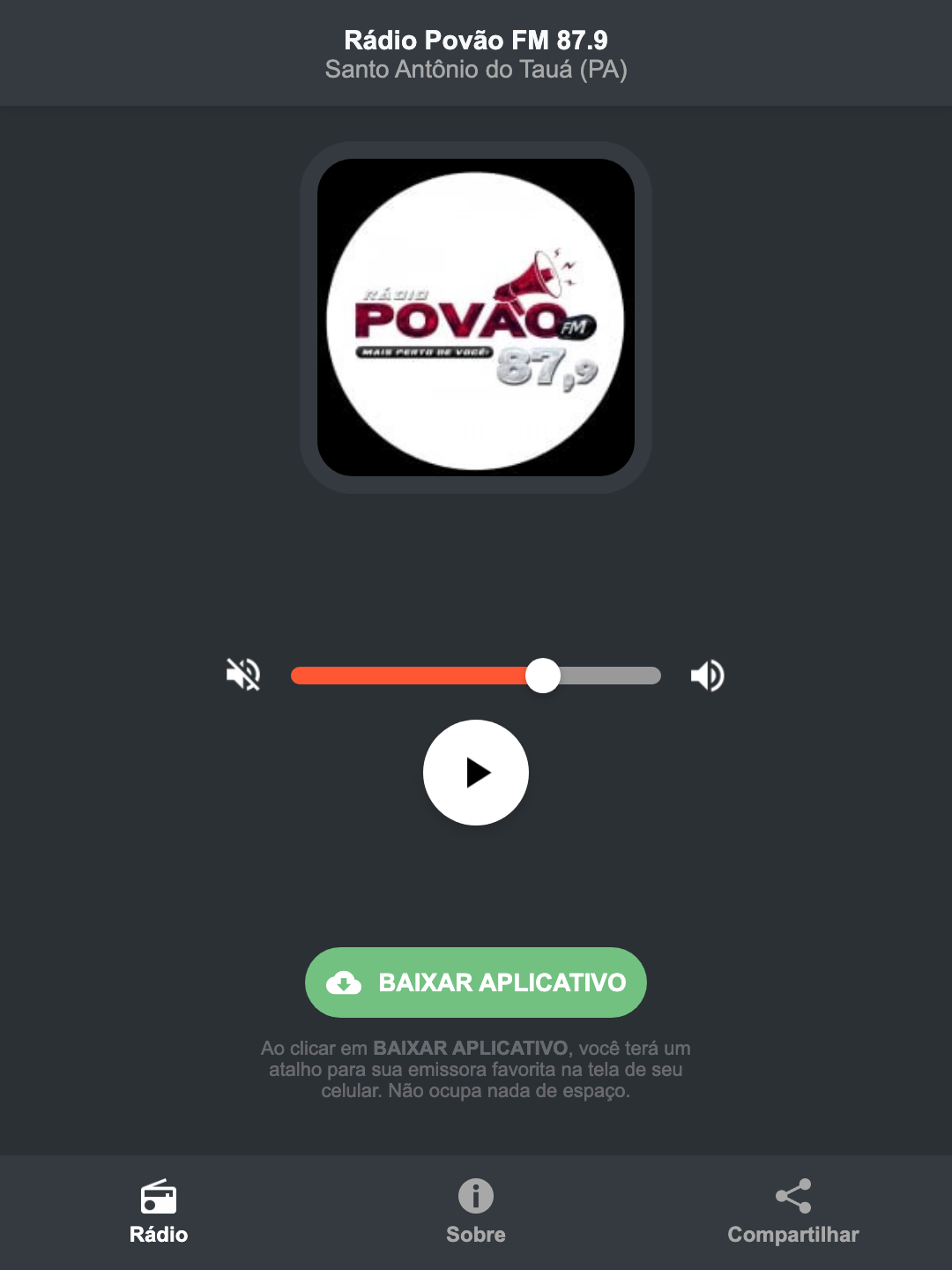 Screenshot do aplicativo da Rádio Povão FM 87.9